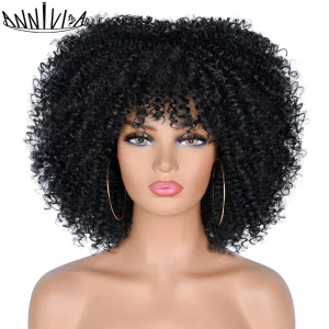 Short Hair Afro Kinky Curly Wigs With Bangs African Synthetic Ombre Cosplay Wigs For Black Women High Temperature