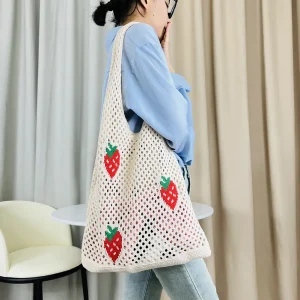 Cute Strawberry Cherry Crochet Shoulder Bag for Women Large Shopper Bag Casual Tote Handbags Summer Beach 2024 New Women's Bag
