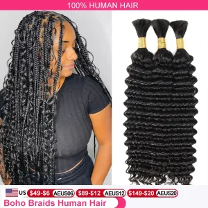 Bulk Braiding Hair 100% Human hair Deep Wave Unprocessed No Weft Boho Braids Human Hair Bulk Extensions Brazilian Remy Hair
