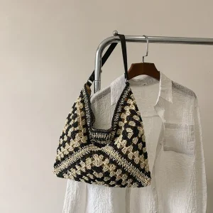 Weaving Portable Shoulder Bag Summer Vacation Package Niche Web Hollow-out Straw Knitted Underarm Bag Beach Shopper Totes