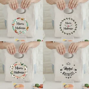 French Print Pattern Cooler Lunch Bag Portable Insulated Canvas Bento Tote Thermal School Picnic Food Storage Pouch Teacher Gift