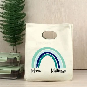 French Print Pattern Cooler Lunch Bag Portable Insulated Canvas Bento Tote Thermal School Picnic Food Storage Pouch Teacher Gift
