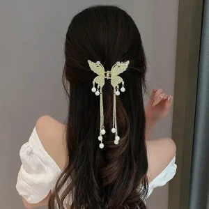 Haimeikang Rhinestone Tassel Hair Claw Golden Bow Flower Hair Clip Hairpin For Women Elegant Ponytail Fashion Hair Accessories