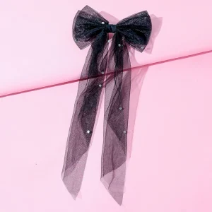 Women Long Ribbon Mesh Bow Hair Clips Elegant Imitation Pearls Hairpin White Black Mesh Hairpins Wedding Party Bride Hair Access