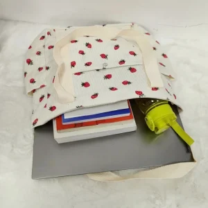 Beautiful Corduroy Strawberry Shoulder Bag Sweet Fresh Versatile Handbag with Academy Style Large Capacity Classroom Tote Bag