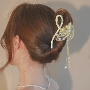 Haimeikang Rhinestone Tassel Hair Claw Golden Bow Flower Hair Clip Hairpin For Women Elegant Ponytail Fashion Hair Accessories