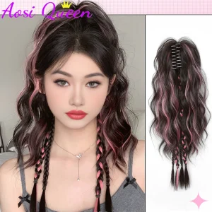 AOSI Synthetic Claw Clip Ponytail Hair Extensions Short Curly Natural Tail False Hair For Women Horse Tail  Highlight Powder