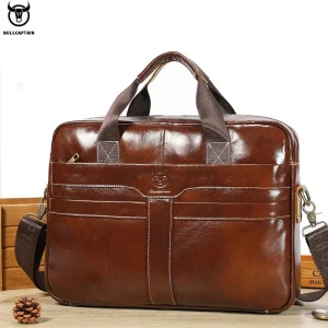 BULLCAPTAIN Leather Laptop Bag, Top Layer Leather 15" Laptop Bag Men's Laptop Briefcase Briefcase Work Business Travel Bag 053