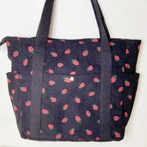 Beautiful Corduroy Strawberry Shoulder Bag Sweet Fresh Versatile Handbag with Academy Style Large Capacity Classroom Tote Bag
