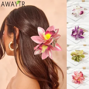 AWAYTR Mannual Orchid Flowers Hair Claws Farbic Ponytail Hair Clips Crab For Women Girl Gift Hair Accessories Valentine Headwear