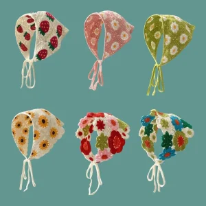 Korean Sweet Cute Handmade Crochet Hollow Triangle Headband Towel Women Spring and Summer Travel Literary Photo Hair Scarf