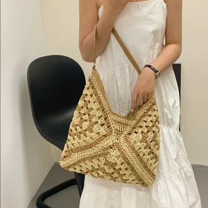 Weaving Portable Shoulder Bag Summer Vacation Package Niche Web Hollow-out Straw Knitted Underarm Bag Beach Shopper Totes