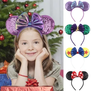 2024 Disney Mouse Ears 1.5cm Velvet Headband Sequins 4.5"Bow Hairband For Girls Featival Party DIY Hair Accessories