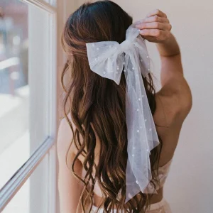 Women Long Ribbon Mesh Bow Hair Clips Elegant Imitation Pearls Hairpin White Black Mesh Hairpins Wedding Party Bride Hair Access