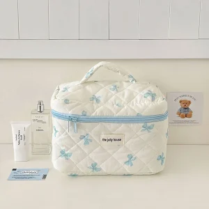 Cute Bow Flower Quilting Cotton Makeup Bag Women Zipper Cosmetic Organizer Female Cloth Handbag Portable Toiletry Case for Girls