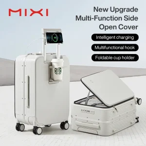 Mixi New Aluminum Frame Suitcase Carry On Rolling Luggage with USB Port Boarding Cabin Cup and Phone Holder 20 24 Inch