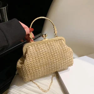 Summer Beach Straw Bags Exquisite Gold Chain Party Banquet Purse Hand Woven Handbag Female Clutch Bag Shoulder Crossbody Bags