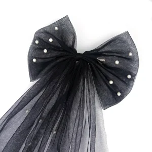Women Long Ribbon Mesh Bow Hair Clips Elegant Imitation Pearls Hairpin White Black Mesh Hairpins Wedding Party Bride Hair Access