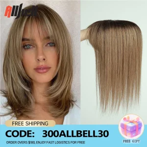 100% Remy Human Hair Toppers with Bangs 14in Brown Ombre Human Hair Pieces for Women with Thinning Hair Silk Base Clip in Topper