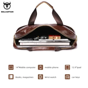 BULLCAPTAIN Leather Laptop Bag, Top Layer Leather 15" Laptop Bag Men's Laptop Briefcase Briefcase Work Business Travel Bag 053