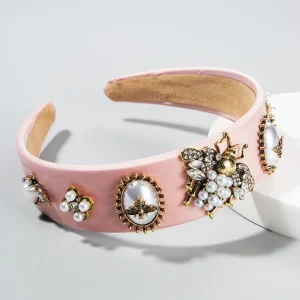Baroque Rhinestone Headband Hairband for Women Girls Metal Bee Beads Flower Head Hair Accessories