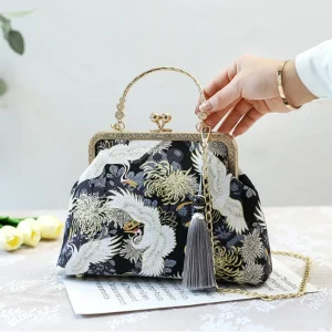 Fashion Vintage Fringe Bag Small Shell Bags Chain Women Shoulder Crossbody Bag Crane Flying Women's Handbags Purses Embroidery