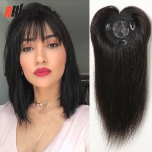 100% Remy Human Hair Toppers with Bangs 14in Brown Ombre Human Hair Pieces for Women with Thinning Hair Silk Base Clip in Topper