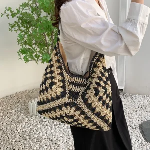 Weaving Portable Shoulder Bag Summer Vacation Package Niche Web Hollow-out Straw Knitted Underarm Bag Beach Shopper Totes