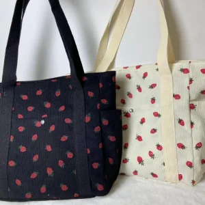 Beautiful Corduroy Strawberry Shoulder Bag Sweet Fresh Versatile Handbag with Academy Style Large Capacity Classroom Tote Bag