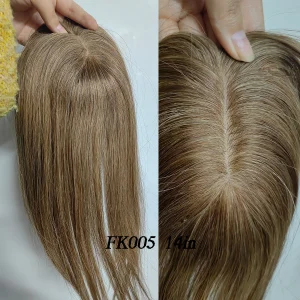 100% Remy Human Hair Toppers with Bangs 14in Brown Ombre Human Hair Pieces for Women with Thinning Hair Silk Base Clip in Topper