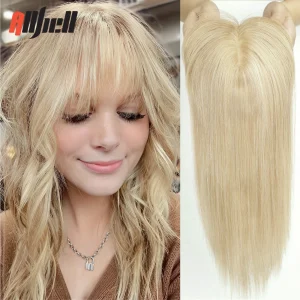 100% Remy Human Hair Toppers with Bangs 14in Brown Ombre Human Hair Pieces for Women with Thinning Hair Silk Base Clip in Topper