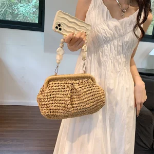 Summer Beach Straw Bags Exquisite Gold Chain Party Banquet Purse Hand Woven Handbag Female Clutch Bag Shoulder Crossbody Bags