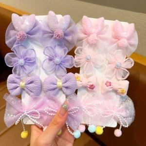 【 8-Piece Set 】 Children's Bow Flower Hairpin Headwear Baby Fabric lace Bangs Clip Girl Princess Without Injury Headdress