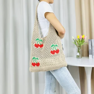 Cute Strawberry Cherry Crochet Shoulder Bag for Women Large Shopper Bag Casual Tote Handbags Summer Beach 2024 New Women's Bag