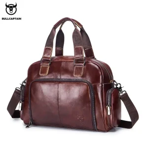 BULLCAPTAIN Men's Leather Briefcase Can Be Used For 14-Inch Laptop Business Shoulder Messenger Handbag Leisure Travel Bags