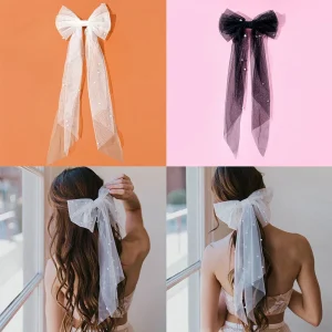 Women Long Ribbon Mesh Bow Hair Clips Elegant Imitation Pearls Hairpin White Black Mesh Hairpins Wedding Party Bride Hair Access