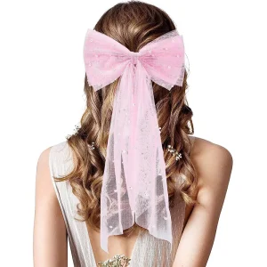 Women Long Ribbon Mesh Bow Hair Clips Elegant Imitation Pearls Hairpin White Black Mesh Hairpins Wedding Party Bride Hair Access