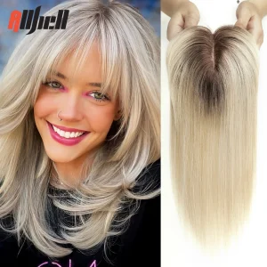 100% Remy Human Hair Toppers with Bangs 14in Brown Ombre Human Hair Pieces for Women with Thinning Hair Silk Base Clip in Topper