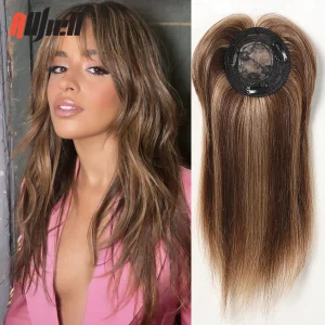 100% Remy Human Hair Toppers with Bangs 14in Brown Ombre Human Hair Pieces for Women with Thinning Hair Silk Base Clip in Topper