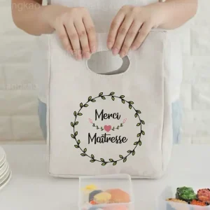 French Print Pattern Cooler Lunch Bag Portable Insulated Canvas Bento Tote Thermal School Picnic Food Storage Pouch Teacher Gift