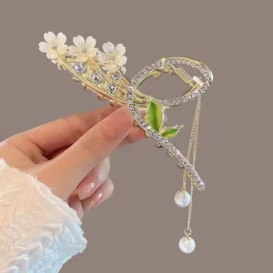 Haimeikang Rhinestone Tassel Hair Claw Golden Bow Flower Hair Clip Hairpin For Women Elegant Ponytail Fashion Hair Accessories