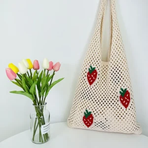 Cute Strawberry Cherry Crochet Shoulder Bag for Women Large Shopper Bag Casual Tote Handbags Summer Beach 2024 New Women's Bag
