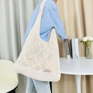 New Trend Women's Bag Crochet Handbag Retro Knitted Solid Color Hollow Top-handle Tote Bag Travel Shopper Shoulder Bag